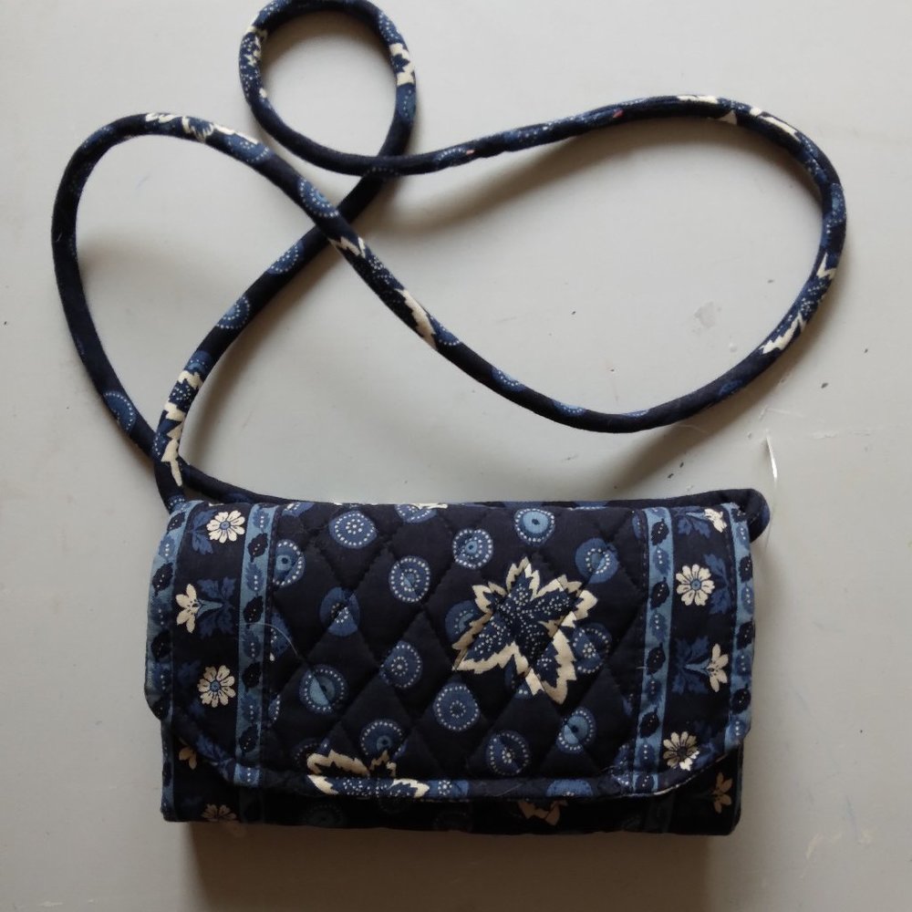 Blue Cotton Fabric Mixed Print Organizer Cross Body Bag
